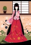 1girl absurdres black_hair blush floral_print flower full_body hair_flower hair_ornament hand_on_own_chin highres hime_cut houraisan_kaguya japanese_clothes long_hair long_skirt long_sleeves looking_at_viewer red_eyes sidelocks skirt smile solo sonikey0_0 touhou very_long_hair wide_sleeves