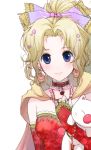  1girl blonde_hair blue_eyes bow cape choker detached_sleeves dissidia_final_fantasy earrings elbow_gloves final_fantasy final_fantasy_vi gloves hair_ribbon jewelry kkokko long_hair moogle ponytail ribbon solo tina_branford 