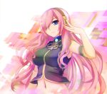  1girl blue_eyes commentary_request detached_sleeves hair_over_one_eye hand_on_headphones headphones headset highres long_hair looking_at_viewer megurine_luka midriff pink_hair solo very_long_hair vocaloid yashichii 