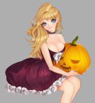  1girl aegyo bare_shoulders blue_eyes breasts choker cleavage dress frilled_dress frills grey_background holding jack-o&#039;-lantern looking_at_viewer original pumpkin purple_dress simple_background sitting solo strapless strapless_dress 