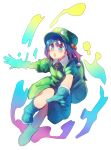  1girl adapted_costume alternate_eye_color alternate_hair_color anarogumaaa backpack bag blue_dress blue_eyes blue_hair blush boots cabbie_hat digital_dissolve dress full_body gradient_eyes gradient_hair hair_bobbles hair_ornament hat kawashiro_nitori key_necklace leg_up multicolored_eyes multicolored_hair open_mouth purple_hair rubber_boots rubber_gloves serious short_hair simple_background solo touhou two_side_up violet_eyes white_background 