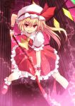  1girl ascot blonde_hair bow cross_(crossryou) dress fang flandre_scarlet hat hat_bow laevatein looking_at_viewer mob_cap pillar puffy_short_sleeves puffy_sleeves red_dress red_eyes revision shirt short_sleeves side_ponytail smirk solo touhou wrist_cuffs 