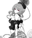  1girl bangs bare_shoulders breasts chain collar eyebrows eyebrows_visible_through_hair hecatia_lapislazuli highres looking_at_viewer monochrome off-shoulder_shirt pleated_skirt pointy_ears polos_crown raptor7 red_eyes shirt short_hair simple_background skirt solo spot_color touhou upper_body white_background 