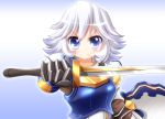  1girl armor blue_eyes farrah_(granblue_fantasy) granblue_fantasy highres short_hair silver_hair solo sword takasimareki weapon 
