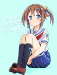  1girl abe_kanari blue_eyes blush brown_hair hai-furi hands_together hands_under_legs loafers looking_at_viewer misaki_akeno school_uniform serafuku shoes short_hair sitting smile solo twintails 