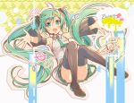  1girl armpits blush boots detached_sleeves full_body green_eyes green_hair hatsune_miku headset highres long_hair looking_at_viewer murakami_yuichi necktie open_mouth outstretched_arms revision skirt smile solo thigh-highs thigh_boots twintails very_long_hair vocaloid 