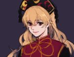  1girl asakura_noi blonde_hair chinese_clothes hat junko_(touhou) lips long_hair looking_at_viewer portrait purple_background red_eyes sketch smile solo tassel touhou 