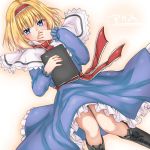  1girl alice_margatroid ascot blonde_hair blue_eyes book boots capelet covering_mouth dress hairband lying monrooru on_back pigeon-toed solo touhou 