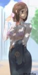  1girl bags_under_eyes bra brown_eyes brown_hair dappled_sunlight fanning_self hair_ornament hairclip handkerchief hot jacket jacket_removed office_lady original purple_bra see-through short_hair solo sunlight sweat sweating underwear wet wet_clothes yoshiwa_tomo 