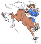  1girl animal_ears anklet bracelet breasts brown_eyes brown_hair bun_cover capcom centaur chinese_clothes chun-li fighting_stance full_body highres hooves horse_ears jewelry large_breasts monster_girl puffy_sleeves simple_background slugbox solo spiked_bracelet spikes street_fighter white_background 