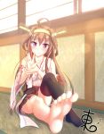 1girl ahoge bare_shoulders barefoot blush brown_hair detached_sleeves double_bun feet hairband headgear highres jewelry kantai_collection kongou_(kantai_collection) long_hair pov_feet ring shinonome_satoshimare single_thighhigh sitting skirt smile soles solo thigh-highs toes 