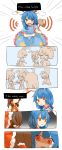  6+girls :d animal_ears ascot blue_dress bow brown_hair closed_eyes comic crescent detached_sleeves dress ear_clip eating english frilled_dress frills hair_tubes hakurei_reimu highres kine misha_(hoongju) multiple_girls necktie nervous_smile open_mouth parody rabbit_ears red_eyes seiran_(touhou) smile spoilers star sweat touhou turn_pale undertale 