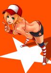  1girl alice_(fatal_fury) back bikini_top blonde_hair blush fatal_fury green_eyes hat jewelry open_mouth orange_background ring s.n.x simple_background snk solo star thong 