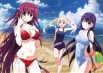  3girls :d absurdres ball bare_shoulders barefoot beach beachball bikini blonde_hair blue_eyes breasts casual_one-piece_swimsuit cleavage clouds collarbone covered_navel fang female grisaia_no_kajitsu hand_on_own_chest highres horizon large_breasts long_hair matsushima_michiru midriff multiple_girls navel ocean official_art one-piece_swimsuit open_mouth purple_hair red_bikini sakaki_yumiko scan school_swimsuit scrunchie shiny shiny_hair shiny_skin side-tie_bikini sky smile suou_amane swimsuit twintails under_boob v very_long_hair violet_eyes wrist_scrunchie 