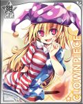  1girl american_flag_shirt blonde_hair character_name clownpiece crazy_eyes fairy_wings hat jester_cap long_hair maturiuta_sorato pantyhose pink_eyes sharp_teeth smile solo star striped teeth touhou wings 