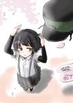  1girl arare_(kantai_collection) arm_warmers black_hair brown_eyes foreshortening from_above hat hat_removed headwear_removed highres kantai_collection no_hat rakisuto1 school_uniform shirt short_hair solo suspenders white_shirt 