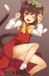  1girl animal_ears bow brown_eyes brown_hair cat_ears cat_tail chen dress fang hat highres jewelry legs long_sleeves mob_cap multiple_tails nekomata one_eye_closed open_mouth red_dress shirt single_earring smile solo tail touhou two_tails upskirt usotsuki_penta 