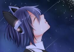  1girl checkered checkered_necktie closed_eyes headgear kantai_collection necktie night night_sky open_mouth profile purple_hair short_hair sky solo star star_(sky) tears tenryuu_(kantai_collection) tenti0619 