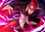  1boy absurdres choker cropped_jacket fire food_fighter_441 grin hair_over_one_eye highres jacket male_focus pants purple_fire red_eyes red_pants redhead shirt short_hair smile snk solo the_king_of_fighters yagami_iori 