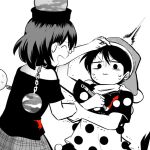  /\/\/\ 2girls :3 chain collar doremy_sweet earth_(ornament) hand_on_another&#039;s_head hat hecatia_lapislazuli monochrome moon_(ornament) multiple_girls nightcap off-shoulder_shirt paintbrush polos_crown pom_pom_(clothes) red shirt short_hair short_sleeves simple_background sisikuku smile spot_color struggling sweat touhou trembling turn_pale white_background 