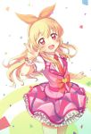  1girl aikatsu! blonde_hair bow confetti dress frilled_dress frills hair_ribbon hairband heart hoshimiya_ichigo long_hair looking_at_viewer necktie open_mouth red_eyes ribbon short_sleeves simple_background solo teeth tobade_(tbdfactory) v wrist_cuffs 