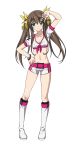  1girl belt black_legwear boots breasts brown_hair cleavage green_eyes hair_ribbon highres huang_lingyin infinite_stratos kneehighs long_hair looking_at_viewer navel ribbon shirt short_shorts shorts smile socks solo tied_shirt transparent_background twintails v yellow_ribbon 