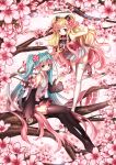  2girls alternate_hair_color bad_id blonde_hair blue_eyes blue_hair boots cherry_blossoms crossed_legs dalzzam detached_sleeves dress flower hair_flower hair_ornament hatsune_miku highres in_tree long_hair multiple_girls necktie pink_hair sakura_blossoms sakura_tree seeu sitting sitting_in_tree skirt thigh-highs thigh_boots tree twintails very_long_hair vocaloid 