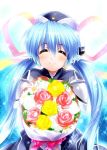  1girl ^_^ announcement_celebration blue_hair bouquet closed_eyes flower hat hoshino_yumemi long_hair planetarian ribbon smile solo twintails zen 