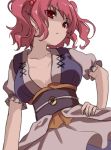  1girl asa_(coco) breasts cleavage expressionless hair_bobbles hair_ornament hand_on_hip japanese_clothes looking_to_the_side obi onozuka_komachi red_eyes redhead sash short_hair solo touhou twintails upper_body 