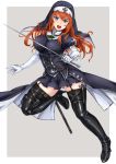  1girl black_eyes boots breasts cross habit high_heel_boots high_heels highres jewelry long_hair necklace nun open_mouth orange_hair original scabbard sheath solo sword thigh-highs thigh_boots tori@gununu weapon zettai_ryouiki 