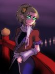  1girl alternate_hairstyle arm_warmers blurry bridge depth_of_field elbow_rest flower fog glowing glowing_eyes green_eyes hair_flower hair_ornament leaning_on_rail miata_(pixiv) mizuhashi_parsee pointy_ears ponytail railing rose scarf sidelocks solo touhou yellow_rose 