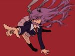  1girl animal_ears arm_support bent_over foreshortening formal hair_blowing leaning_forward line_shading long_hair looking_at_viewer miata_(pixiv) necktie pink_skirt pointing purple_hair rabbit_ears red_background red_eyes reisen_udongein_inaba skirt solo suit touhou 