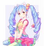  1girl animal_ears artist_name babydoll badge bell belt blue_hair blue_legwear blush borrowed_character cat_ears cat_tail collarbone drill_hair eyebrows eyebrows_visible_through_hair fake_animal_ears frilled_sleeves frills green_legwear hair_between_eyes hair_ribbon heart_print hyanna-natsu jingle_bell layered_skirt lips long_hair looking_at_viewer mismatched_legwear navel original own_hands_together pantyhose pink_skirt pleated_skirt ribbon short_sleeves simple_background sitting skirt smile solo stomach striped tail twin_drills vertical-striped_background vertical_stripes very_long_hair wariza white_ribbon yellow_eyes 