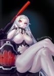  1girl airfield_hime artist_name ass breasts crossed_legs from_below horns kantai_collection long_hair pale_skin red_eyes shinkaisei-kan sitting smile solo thighs very_long_hair white_hair yonezawa_mao 