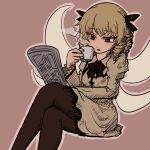  1girl black_bow black_ribbon blonde_hair bow brown_legwear coffee_cup crossed_legs cup dress drill_hair fairy fairy_wings hair_ribbon holding_cup invisible_chair luna_child miata_(pixiv) newspaper pantyhose reading red_eyes ribbon sitting solo steam touhou white_dress wings 