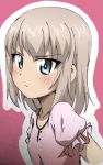  1girl blue_eyes blush dress frown girls_und_panzer itsumi_erika long_hair looking_at_viewer maita pink_dress puffy_short_sleeves puffy_sleeves short_sleeves silver_hair solo upper_body 