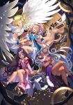  4girls aa_megami-sama absurdres belldandy blonde_hair closed_eyes facial_mark forehead_mark goddess highres holy_bell long_hair multiple_girls purple_hair shen_xiao_guang_ye siblings silver_hair sisters skuld urd violet_eyes wings 