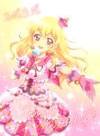  1girl 2015 aikatsu! blonde_hair dated dress earrings frilled_dress frills gloves happy_birthday hat heart highres holding holding_microphone hoshimiya_ichigo jewelry long_hair looking_at_viewer microphone mini_hat necklace open_mouth outstretched_arm red_eyes short_sleeves smile solo to_toko_ba_na 