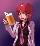  1girl alcohol beer beer_mug black_shirt blush cross cross_necktie cup drunk earrings facing_viewer holding_glass horikawa_raiko jacket jewelry looking_at_viewer loose_necktie miata_(pixiv) mug necktie night open_clothes open_jacket open_mouth red_eyes redhead shirt smile solo touhou white_jacket 