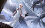  1girl absurdres blonde_hair diego_cunha dress final_fantasy final_fantasy_xv highres jewelry leviathan_(final_fantasy) lunafreya_nox_fleuret monster necklace polearm sleeveless sleeveless_dress spear square_enix trident weapon 