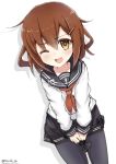  1girl anchor_symbol black_legwear blush brown_eyes brown_hair commentary_request covering covering_crotch fang hair_ornament hairclip have_to_pee ikazuchi_(kantai_collection) kantai_collection looking_at_viewer nayuhi_(yukimuu14) neckerchief one_eye_closed open_mouth pantyhose school_uniform serafuku short_hair solo sweat twitter_username 