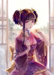  1girl black_hair hair_ornament holding japanese_clothes kimono kneeling koutetsujou_no_kabaneri mumei_(kabaneri) red_eyes short_kimono short_twintails short_yukata solo twintails yukata 