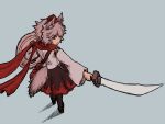  1girl animal_ears blue_background detached_sleeves grey_hair hat holding holding_sword holding_weapon inubashiri_momiji line_shading looking_back miata_(pixiv) outstretched_arm pom_pom_(clothes) red_eyes red_scarf scarf shadow shield skirt solo sword tail tokin_hat touhou weapon wolf_ears wolf_tail 