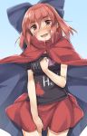  1girl blush bow cape clothes_writing cowboy_shot hair_bow hecatia_lapislazuli highres looking_at_viewer open_mouth red_eyes redhead sekibanki sekibanki_(cosplay) shirt skirt smile solo tears thighs touhou usotsuki_penta 