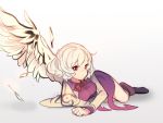  1girl bow bowtie braid cheong_ha feathered_wings french_braid kishin_sagume long_sleeves looking_at_viewer lying on_side open_clothes red_eyes short_hair simple_background single_wing solo touhou white_hair white_wings wings 