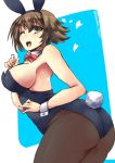  1girl alternate_costume animal_ears ass backless_outfit breasts bunny_tail bunnysuit fishnet_pantyhose fishnets flipped_hair green_eyes kantai_collection large_breasts leotard light_brown_hair looking_at_viewer mutsu_(kantai_collection) off_shoulder one_eye_closed open_mouth pantyhose rabbit_ears shinshin short_hair sideboob solo tail 