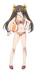  1girl ball bikini breasts brown_hair cleavage front_zipper_swimsuit green_eyes hair_ribbon hand_on_hip highres huang_lingyin infinite_stratos long_hair looking_at_viewer navel one-piece_swimsuit orange_bikini ribbon see-through smile solo swimsuit transparent_background twintails yellow_ribbon 
