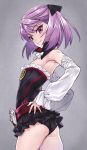  1girl armpits ass bare_shoulders belt black_panties cowboy_shot detached_collar detached_sleeves dress fate/grand_order fate_(series) flat_chest from_side hair_ribbon hands_on_hips helena_blavatsky_(fate/grand_order) highres light_smile long_sleeves looking_at_viewer matsuryuu official_art panties purple_hair ribbon short_hair skirt small_breasts smile solo strapless strapless_dress thighs underwear violet_eyes 
