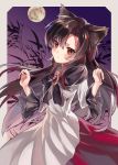  1girl animal_ears artist_name bamboo bamboo_forest brooch brown_hair dress fingernails forest full_moon highres imaizumi_kagerou jewelry kuroomi long_sleeves looking_at_viewer moon nail_polish nature red_eyes solo tail touhou wide_sleeves wolf_ears wolf_tail 