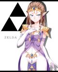  1girl blue_eyes brown_hair character_name earrings elbow_gloves ginopi gloves hair_ribbon hand_on_own_chest highres jewelry long_hair pointy_ears princess_zelda ribbon smile solo the_legend_of_zelda the_legend_of_zelda:_twilight_princess tiara tress_ribbon triforce 